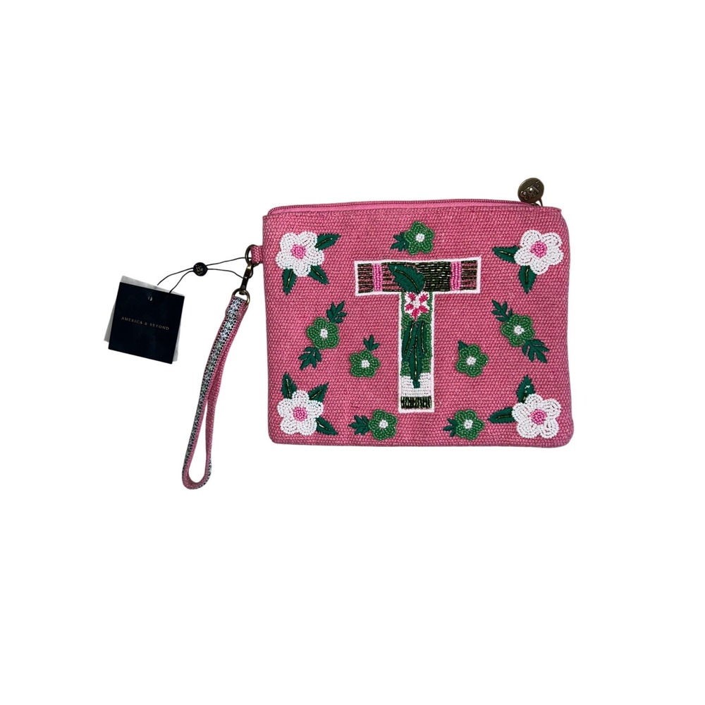NEW America & Beyond Wristlet Bag Floral Initial T Pink Beaded Monogram Clutch
